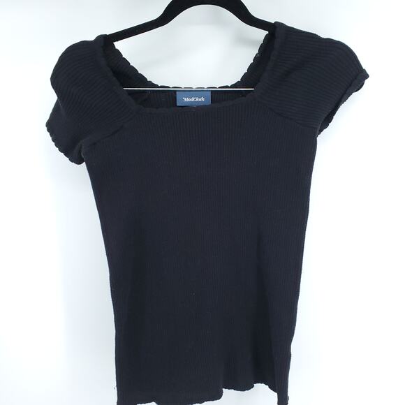ModCloth Y2k Retro Ribbed Knit Black Scalloped Neck Cropped Stretchy Sweater L - Picture 1 of 8